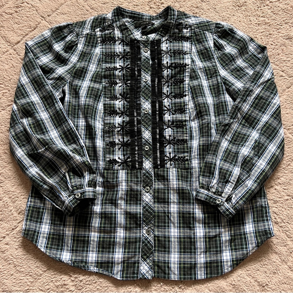 J. Crew Cotton Embroidered Plaid Long Sleeve Top Women's Size‎ XXS